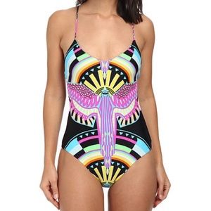 Mara Hoffman Lace Up Maillot Rainbow Bird Black XS